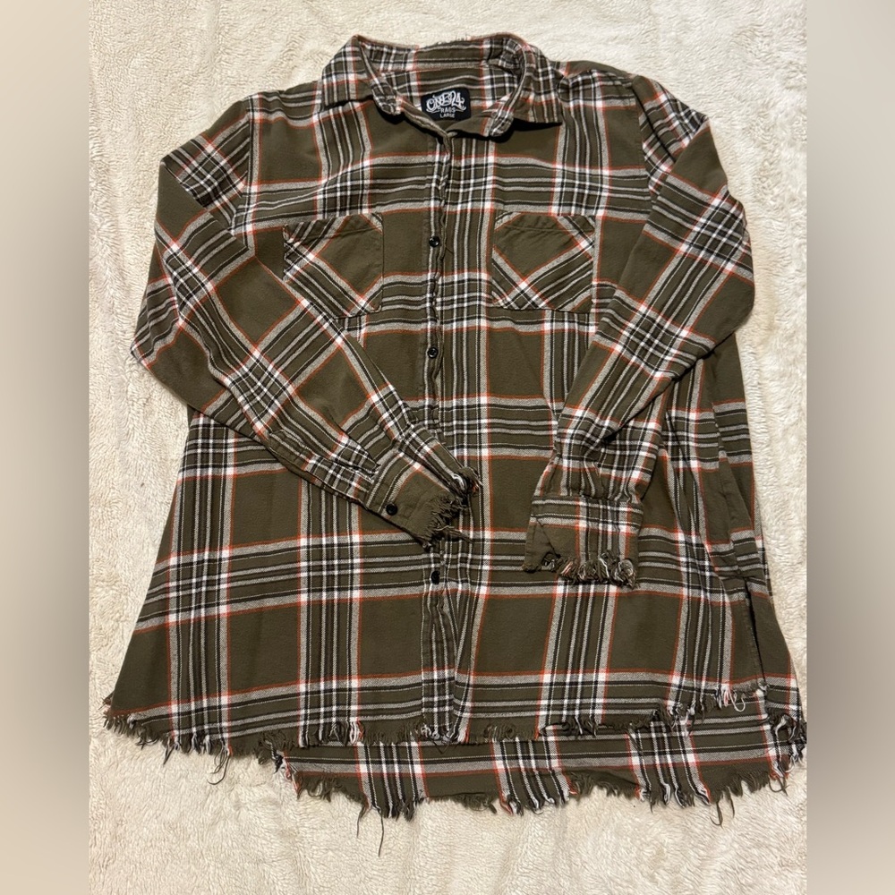 Women’s One24 Rags Green Ripped Hem Flannel, Size Large, Excellent Condition